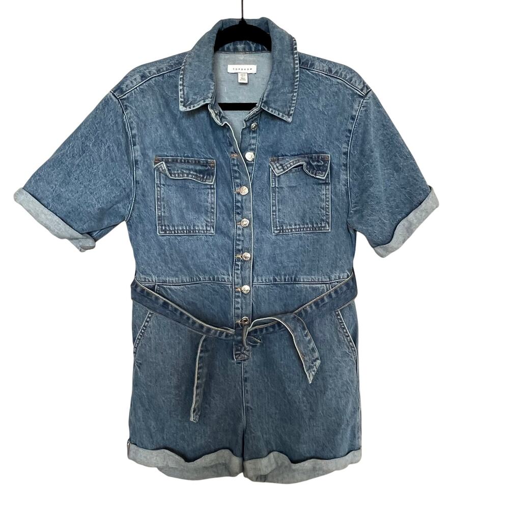 Topshop Denim Romper Shorts Size 6 Blue Jean Belt Buttons Jumpsuit PlaySuit